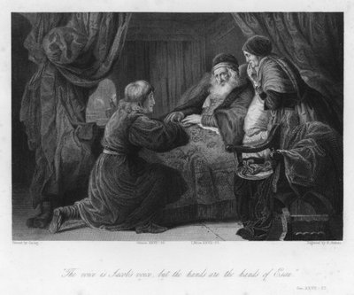 Isak velsigner Jakob, 1. Mosebok XXVII, 22 (gravering) av English School
