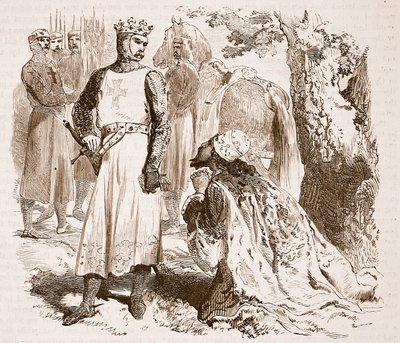 Isaac av Kypros ber om løslatelse av datteren hans, illustrasjon fra Cassells Illustrated History of England (sepiafoto) av English School