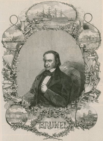 Isambard Kingdom Brunel omgitt av noen av hans prestasjoner av English School