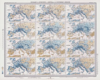 Isobarer og Isohyets, Sentral- og Sør-Europa (farge litho) av English School