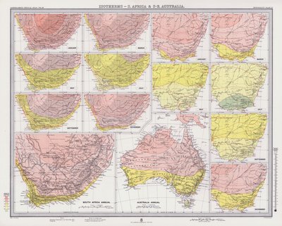 Isotermer, Sør-Afrika og Sørøst-Australia (farge litho) av English School