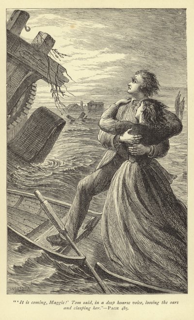 Det kommer, Maggie! sa Tom, med en dyp hes stemme, og løsnet årene og klemte henne av English School