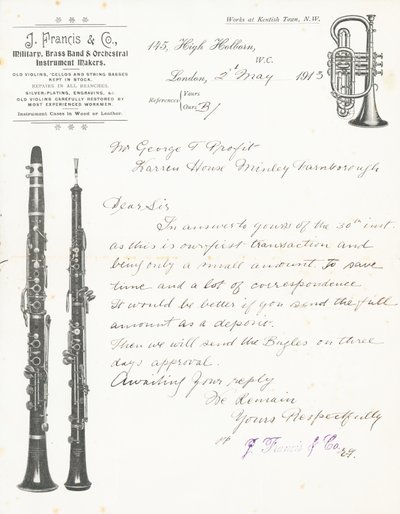 J Francis & Co, militær-, brassband- og orkesterinstrumentprodusenter av English School