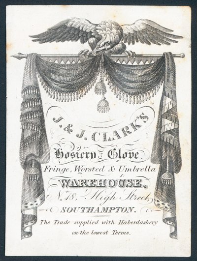 J & J Clarks, strømper, hansker, frynser, kamgarn og paraplylager, handelskort av English School