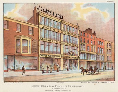 J Tonks amp; Sons møbelbutikk, Scarborough (fargelitografi) av English School