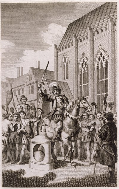 Jack Cades opprør i 1450: Case erklærte seg som Lord of the City of London ved London Stone, Cannon Street, ca. 1770 av English School
