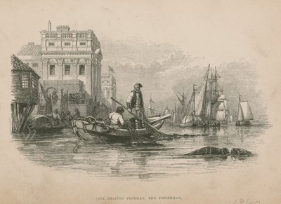 Jack hjelper Freeman the Fisherman; illustrasjon fra Poor Jack av Frederick Marryat av English School