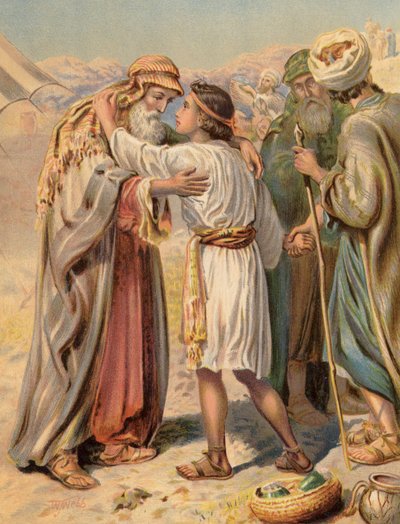 Jakob skiller seg fra Benjamin, Genesis, XLIII (farge litho) av English School