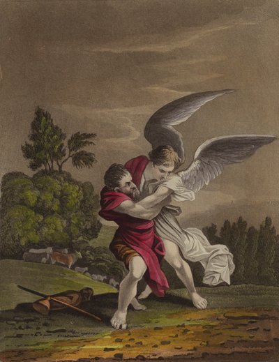 Jakob bryter med en engel (farge litho) av English School