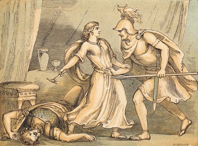 Jael og Sisera (farget gravering) av English School