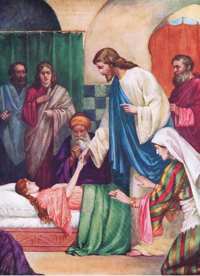 Jairus' datter, fra The Bible Picture Book utgitt av Thomas Nelson, ca. 1950 (farge litho) av English School