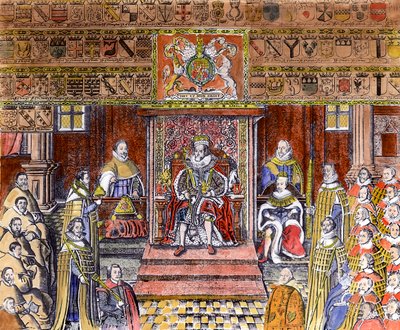 James I av England (1566-1625) ved Court, (gravering) (senere fargelegging) av English School