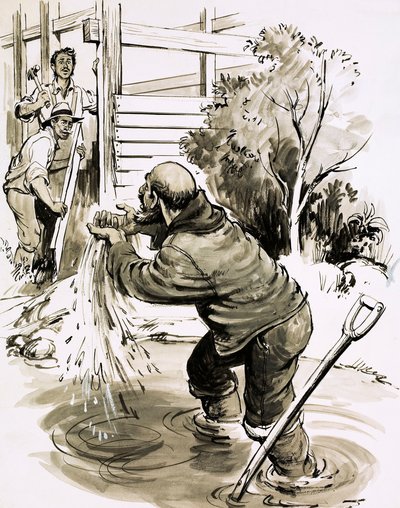 James Marshall blir den første mannen som fant gull i California i 1848 (gouache på papir) av English School