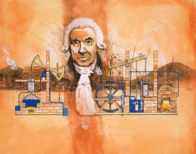 James Watt med ovner og mekaniske pumper i bakgrunnen av English School