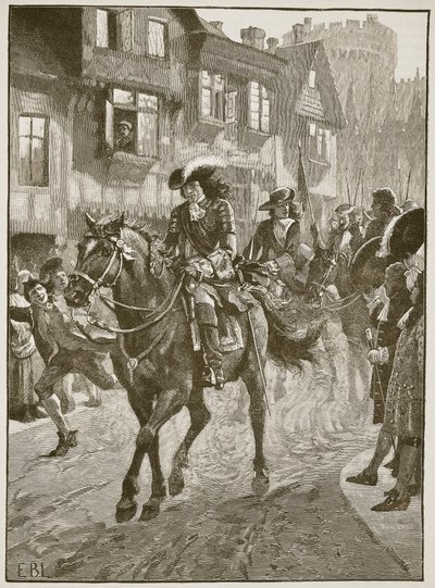 James kommer inn i Dublin etter slaget ved Boyne, illustrasjon fra Cassells Illustrated History of England (sepiafoto) av English School