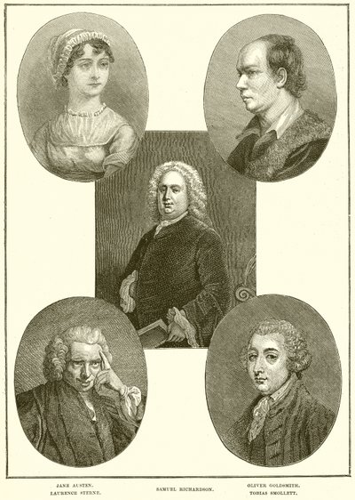 Jane Austen, Laurence Stern, Samuel Richardson, Oliver Goldsmith, Tobias Smollett av English School