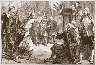 Janet Geddes kaster krakken mot dekanen i Edinburgh, illustrasjon fra The History of Protestantism av James Aitken Wylie (1808-1890), pub. 1878 av English School