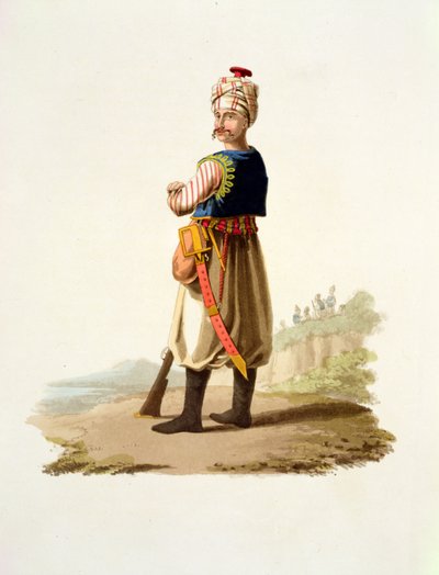 Janissary, fra Costumes of the Various Nations, bind VII, The Military Costume of Turkey, av Thomas MacLean, utgitt ca. 1800-18 (håndfarget akvatint) av English School