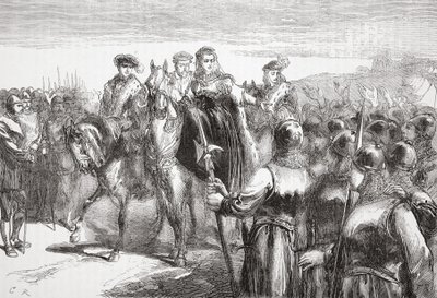 Jeanne DAlbret, dronning av Navarre, henvender seg til hugenottsoldatene, illustrasjon fra The History of Protestantism av James Aitken Wylie (1808-1890), pub. 1878 av English School