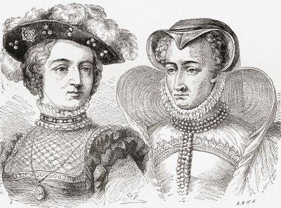 Jeanne d#39;Albret, til venstre, og moren Marguerite de Navarre, til høyre, fra Ward og Locks Illustrated History of the World, utgitt ca. 1882 av English School