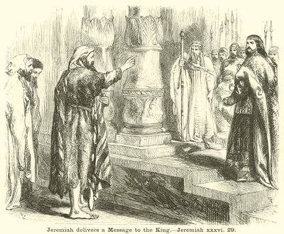 Jeremia leverer et budskap til kongen, Jeremia, xxxvi, 29 av English School
