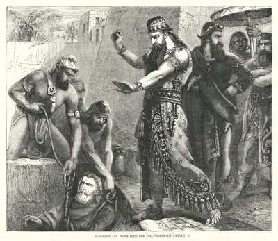Jeremia in die Grube hinabgelassen, Jeremia XXXVIII, 6 (Gravur) von English School