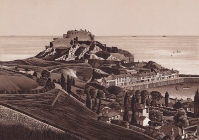 Jersey, Chaneløyene: Mount Orgueil slott og Gorey havn (litografi) av English School