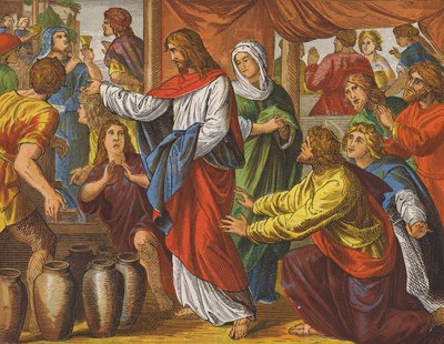 Jesus Kristus og bryllupet i Kana (farge litho) av English School