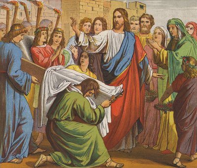 Jesus Kristus oppvekker sønnen til enken fra Nain (fargelitografi) av English School