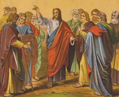 Jesus Kristus sender ut de tolv apostlene (farge litho) av English School