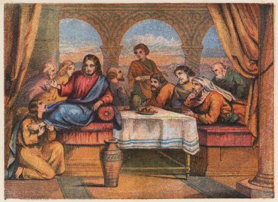 Jesus Kristus med disiplene sine og Maria Magdalena (fargelitografi) av English School