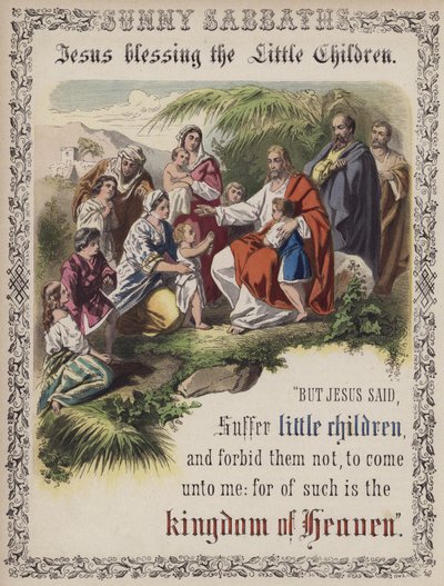 Jesus velsigner de små barna (farget gravering) av English School