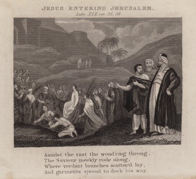 Jesus kommer inn i Jerusalem, Lukas XIX, ver 35, 38 (gravering) av English School
