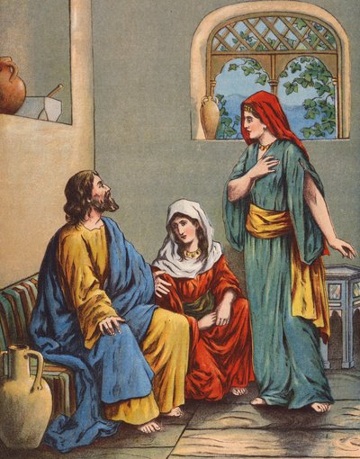 Jesus i Martas og Marias hus (fargelitografi) av English School