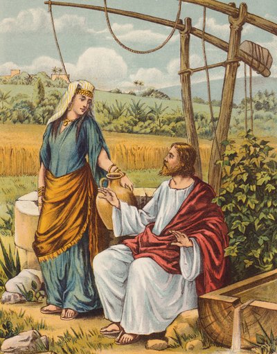 Jesus snakker med kvinnen fra Samaria (fargelitografi) av English School