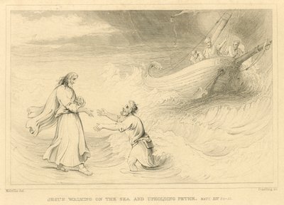 Jesus går på havet og holder oppe Peter, Matteus XIV, 24-33 (gravering) av English School