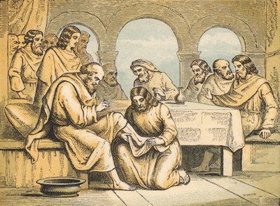Jesus vasker føttene til sine disipler (farget gravering) av English School