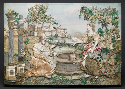 Jesus med kvinnen fra Samaria (silke, papir, garn, paljetter, metalliske detaljer, blekk og akvarell på tre) av English School