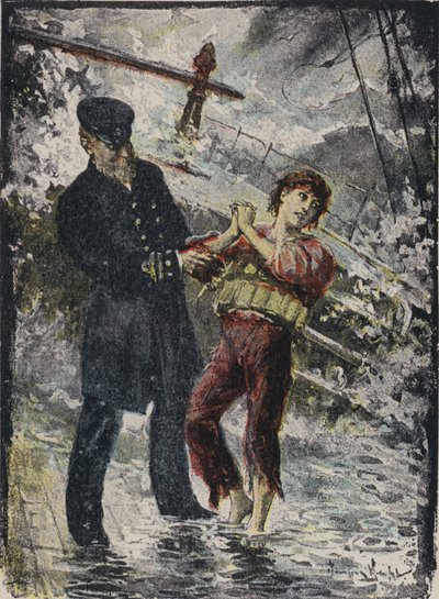 John Alexander Strachan, kaptein på dampskipet Cyprian, ga redningsvesten sin til en ung blindpassasjer før skipet ble vraket i en kuling utenfor den walisiske kysten i 1881 (farge litho) av English School