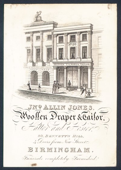 John Allin Jones, ulldraper og skredder, hattemaker og strømpebukse, handelskort av English School