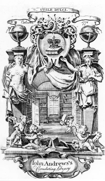 John Andrewss Circulating Library bokplate av Joseph Shepperd, utgitt i Calcutta, 1774 av English School