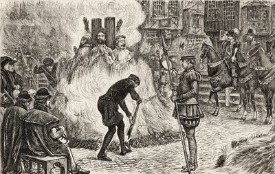 John Bland, John Frankesh, Nicholas Sheterden og Humphrey Middleton ble brent levende for kjetteri på 1500-tallet, ca. 1865 (tregravering) av English School
