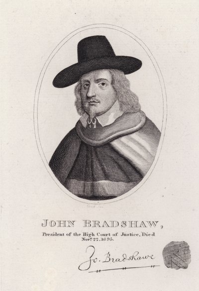 John Bradshaw , engelsk dommer som var president for High Court of Justice for rettssaken mot kong Charles I i 1649 (gravering) av English School