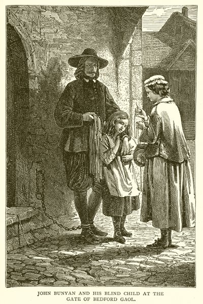 John Bunyan og hans blinde barn ved porten til Bedford Gaol av English School