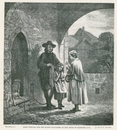 John Bunyan og hans blinde datter ved døren til Bedford fengsel av English School