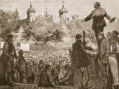 John Burns talte til et møte med havnearbeidere i Tower Hill, 1889, illustrasjon fra Cassells Illustrated History of England (sepia-foto) av English School