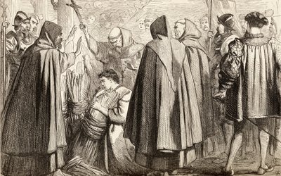 John Frith var i ferd med å bli brent på bålet for kjetteri i 1533, ca. 1865 (tregravering) av English School