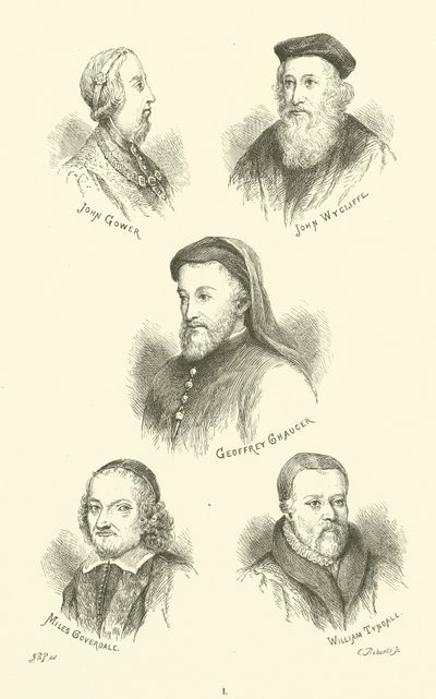 John Gower, John Wycliffe, Geoffrey Chaucer, Miles Coverdale, William Tyndale av English School