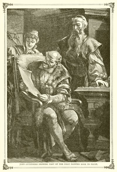John Gutenberg viser en del av den første trykte boken til Faust av English School