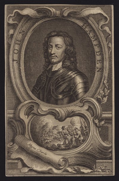John Hampden , engelsk parlamentarisk politiker og soldat (gravering) av English School